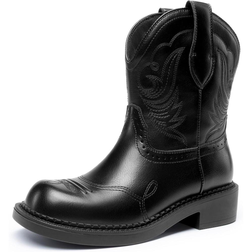 imageDREAM PAIRS Cowboy Cowgirl Boots for Women Round Toe Embroidered Mid Calf Western Boots for Work Country Concerts Rodeos Casual OutingsBlack