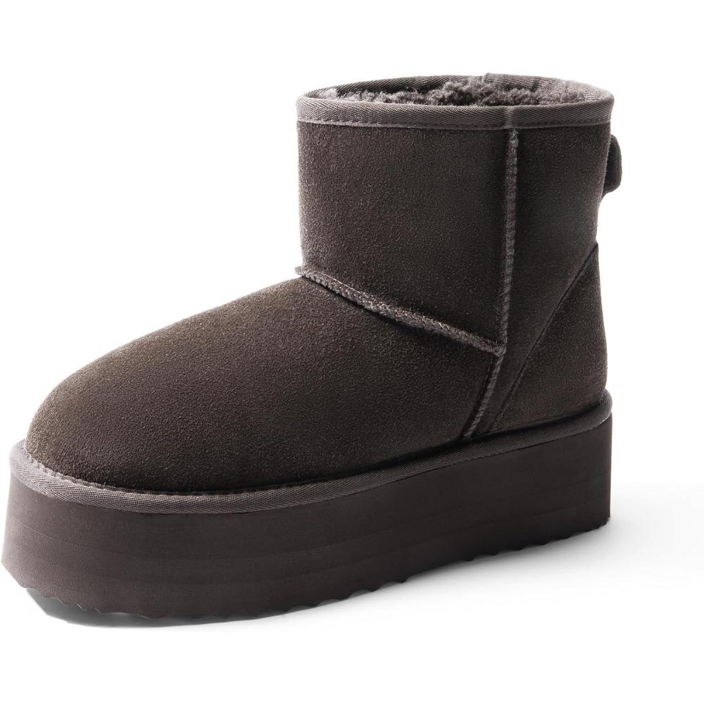 imageDREAM PAIRS Genuine Suede Classic Platform Boots for Women Water Resistant FuzzyClassic Ankle Winter Snow Low Boots with DIY Bows Faux Fur Lining Memory Foam AntiSlipBrown