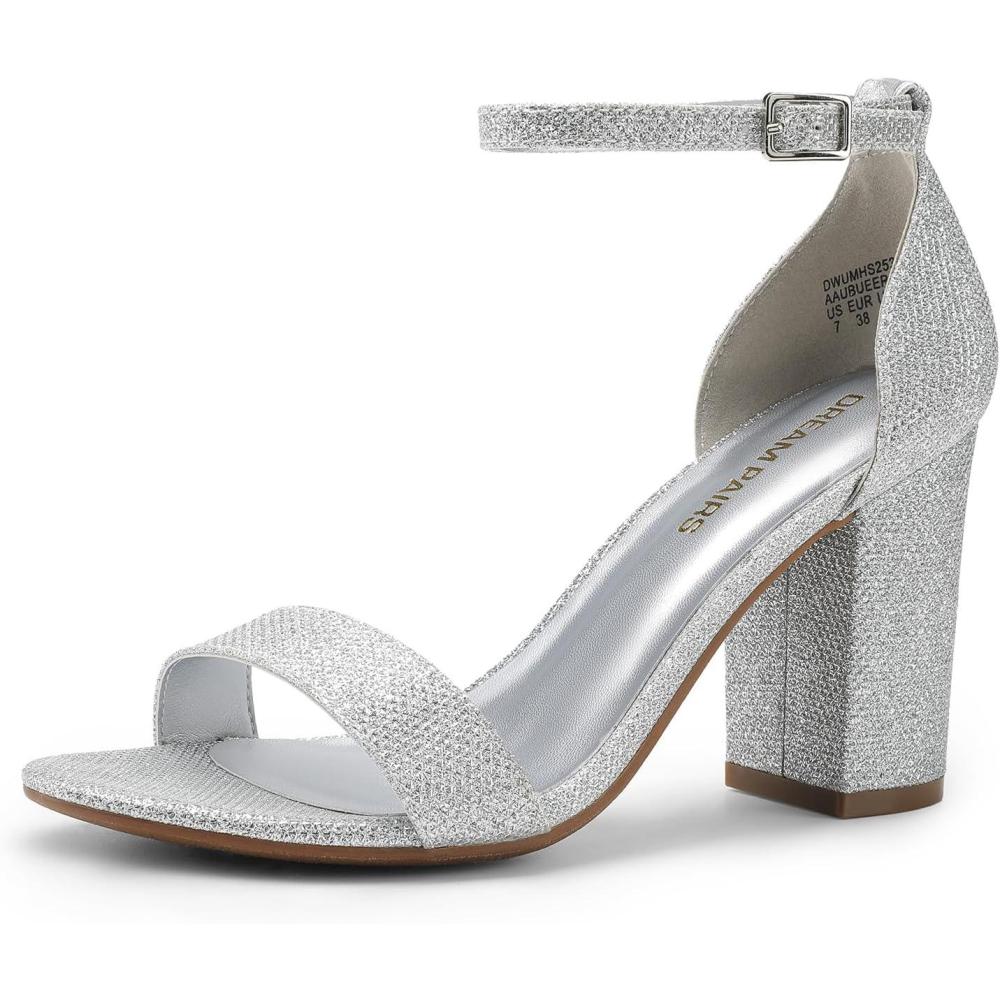imageDREAM PAIRS Heels for Women Chunky Block Heel Open Toe Ankle Strap 35 Inch Heeled Sandals for Party Date WeddingSilver