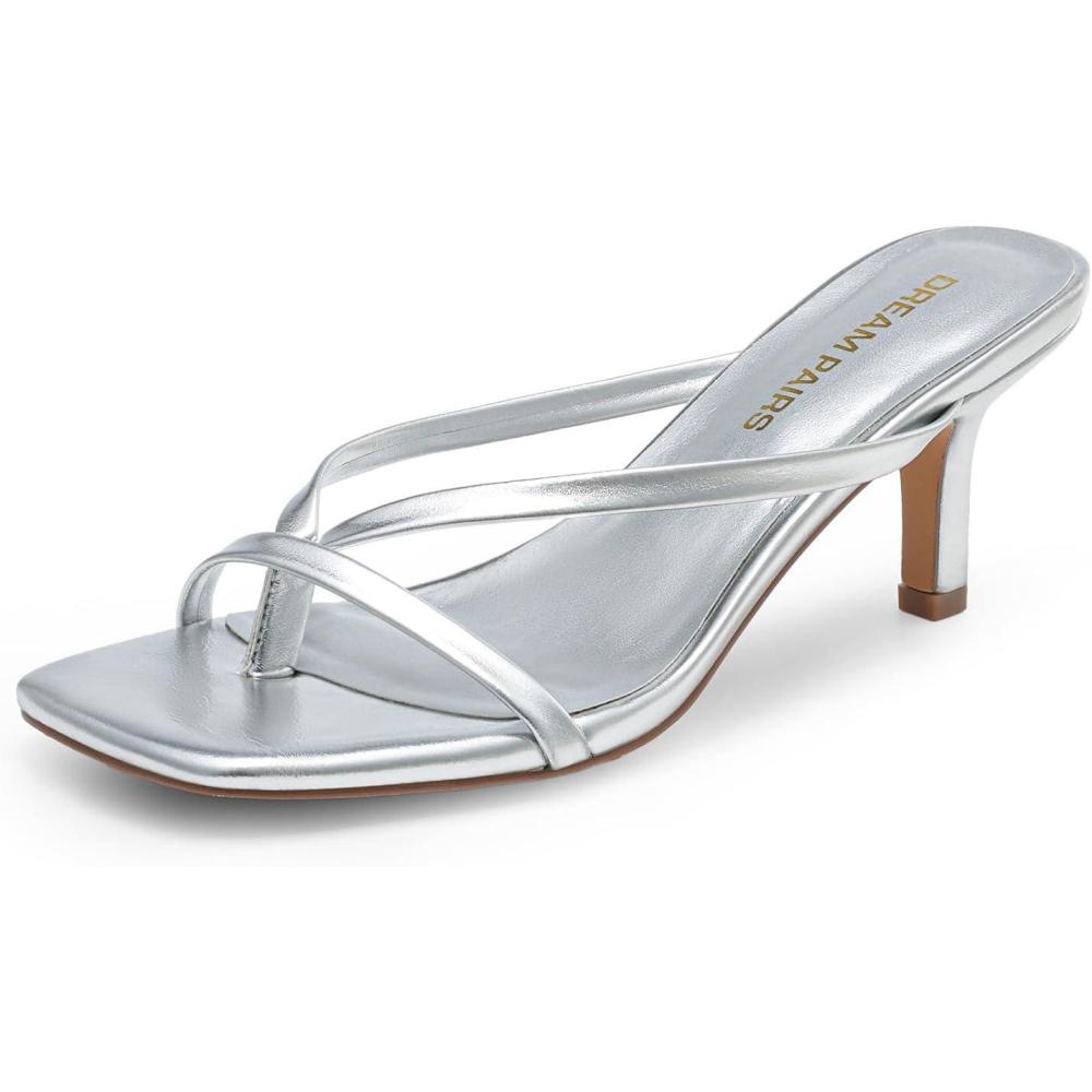 imageDREAM PAIRS Heels for Women Flip Flops Kitten Low Heels Open Square Toe Thong Heeled Sandals Fashion Comfort Shoes for Party Casual SlidesSilver