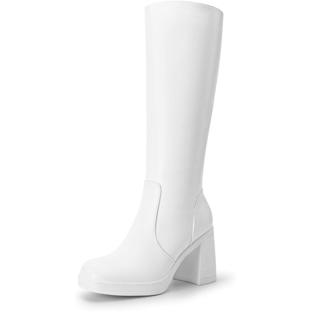 imageDREAM PAIRS Knee High Boots for Women Platform Square Toe Chunky Block Heeled Stylish Comfortable Tall Boots with Side ZipperWhitepu