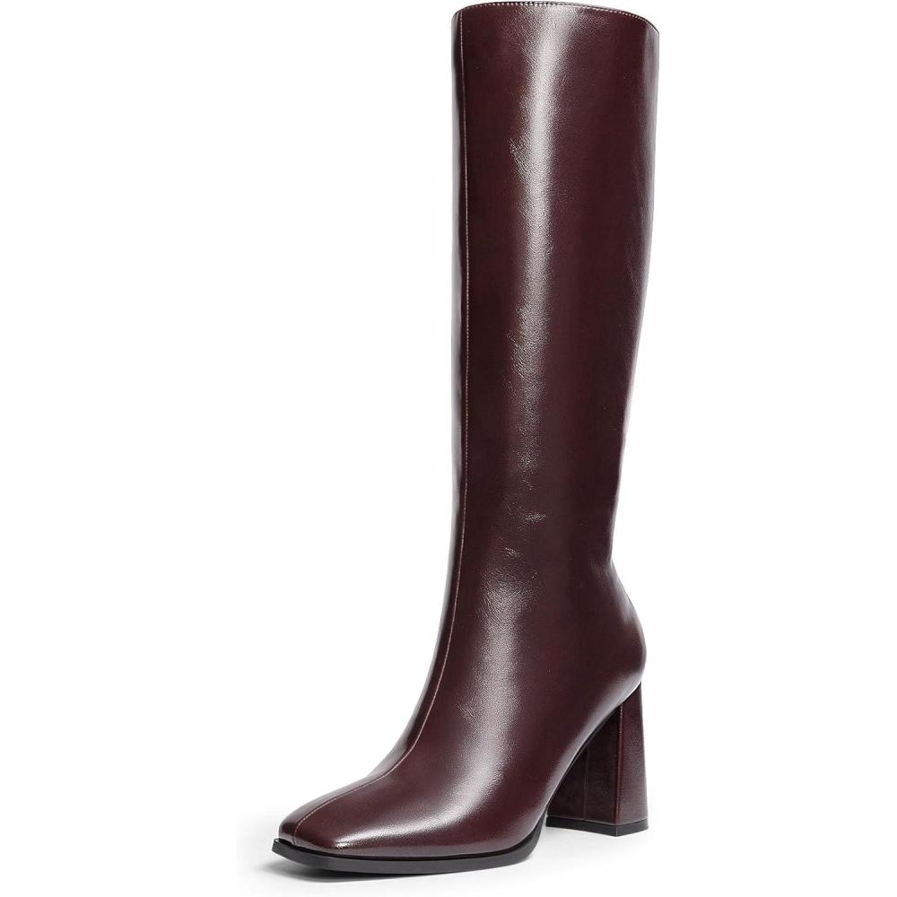 imageDREAM PAIRS Knee High Boots for Women Square Toe Gogo Chunky Heel with Side ZipBurgundy
