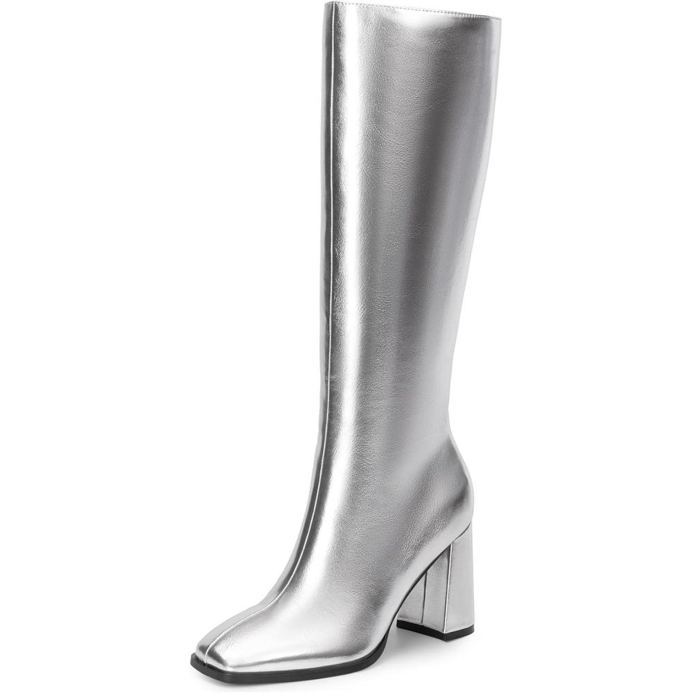 imageDREAM PAIRS Knee High Boots for Women Square Toe Gogo Chunky Heel with Side ZipSilvermetal