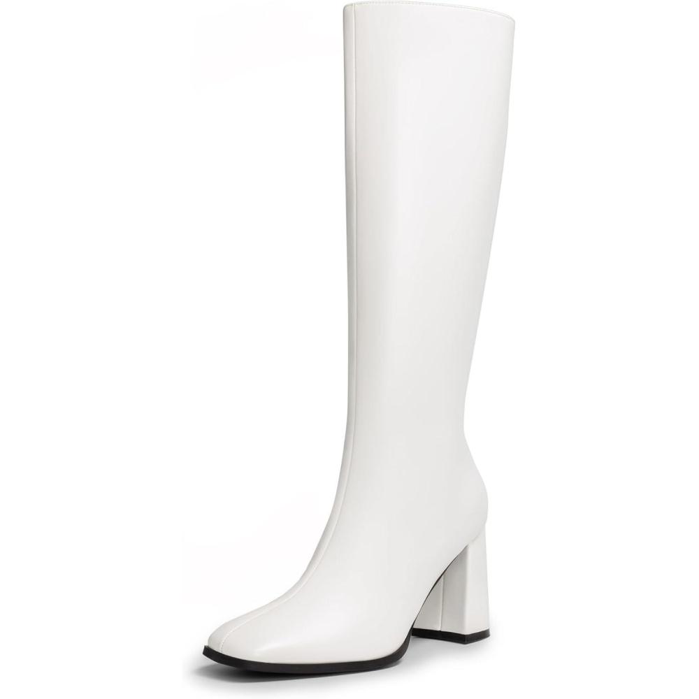 imageDREAM PAIRS Knee High Boots for Women Square Toe Gogo Chunky Heel with Side ZipWhitepu