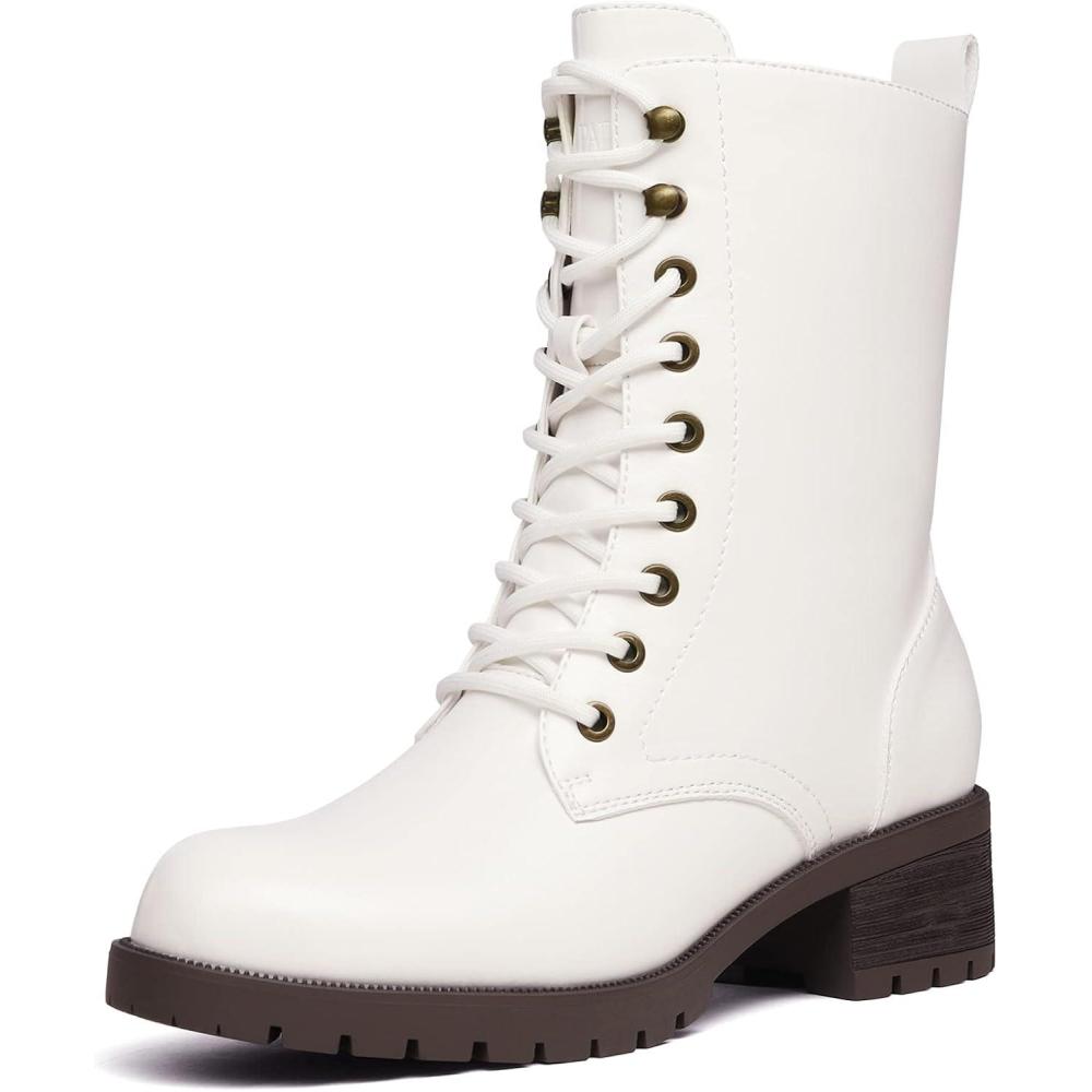 imageDREAM PAIRS Laceup Combat Boots Midcalf Military Winter Boot for WomenWhitePu