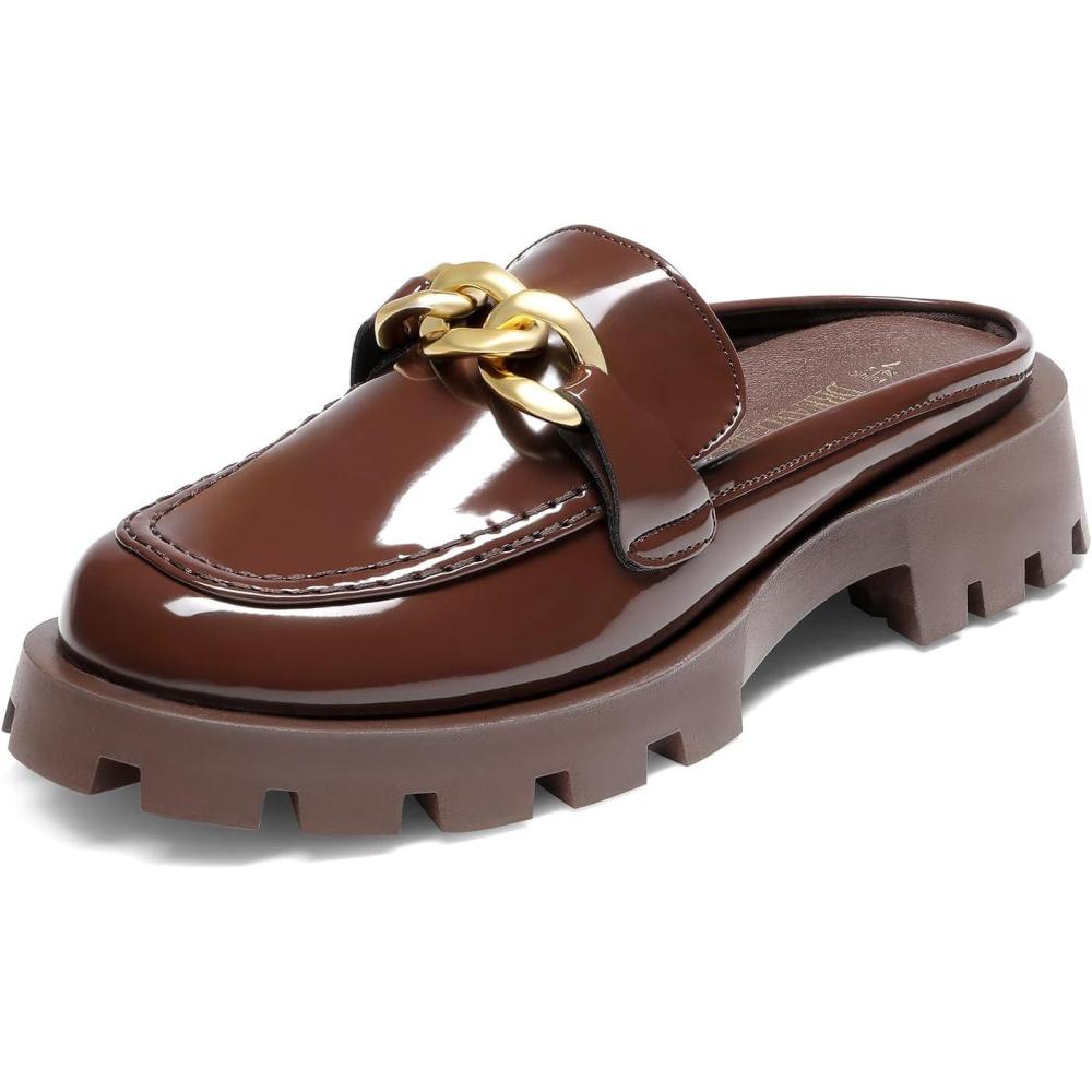 imageDREAM PAIRS Mules for Women Slip On Shoes Platform Thick Comfortable Womens Chunky Flat Slides Slippers LoafersBrownpat