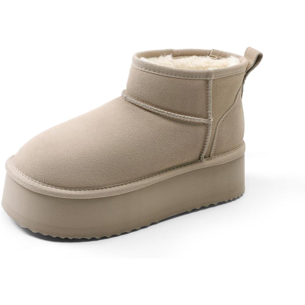 imageDREAM PAIRS Platform Winter Boots for Women Genuine Suede Wide Toe Water Slip Resistant Ankle Mini Snow Boots Lined Fur with Lightweigt Memory Foam Insole OutdoorSand