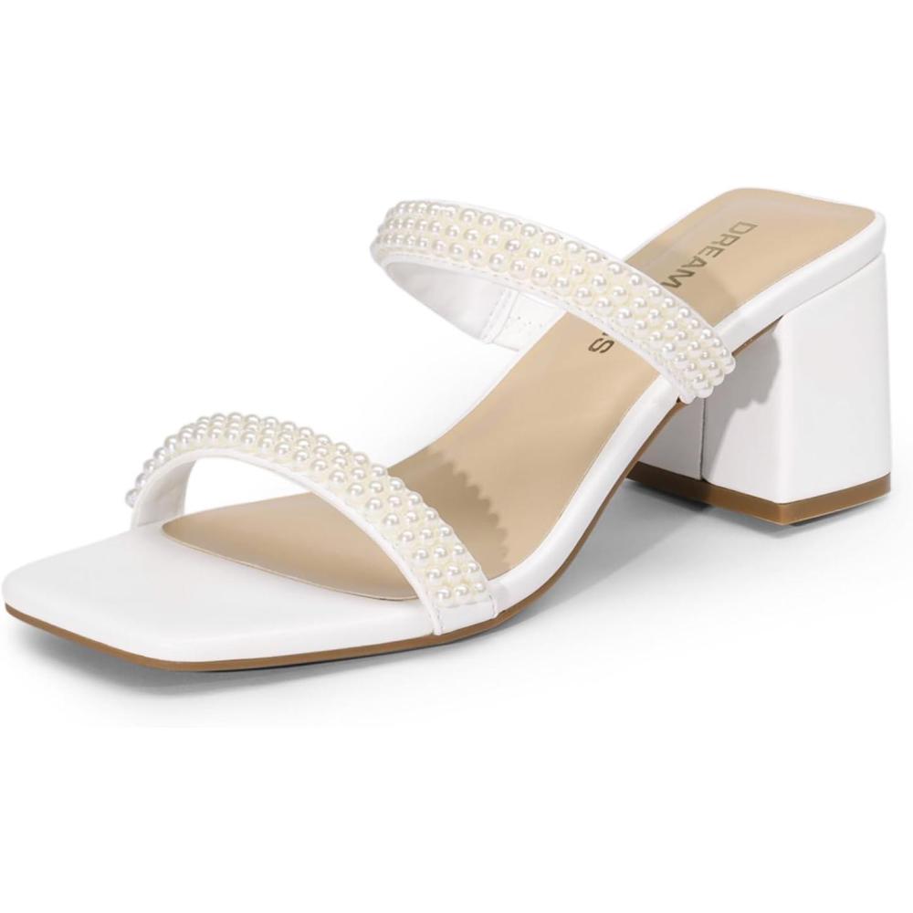 imageDREAM PAIRS Sandal Heels for Women Low Square Open Toe Block Chunky Heels Slip On Slides Mules for Party Homecoming DailyPure White