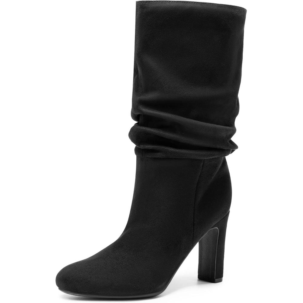 imageDREAM PAIRS Slouch Boots for Women Mid Calf Womens Fashion Almond Toe High Heel Fall Winter Dressy BootsBlacksuede