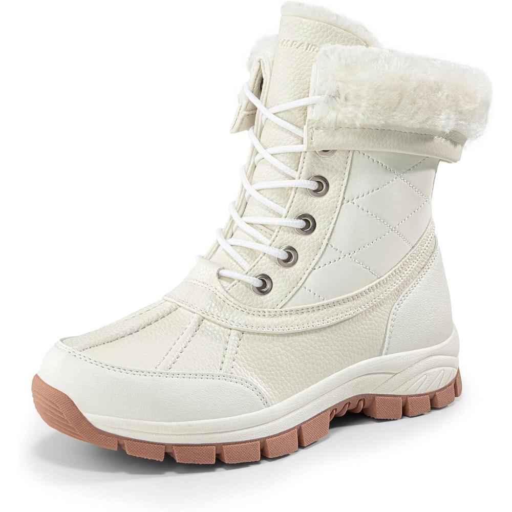 imageDREAM PAIRS Snow Boots for Women Waterproof Mid Calf Lace Up Duck Boots Warm Faux Fur FuzzyGo Bold Winter Boots for OutdoorBeige