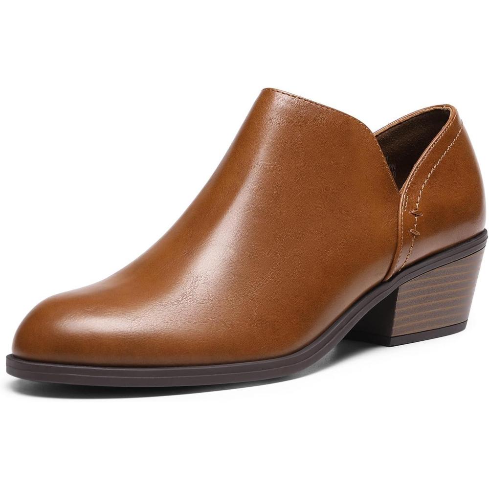 imageDREAM PAIRS Womens Ankle Boots Fall Boots Leather Thick Heel Side Zip Women Low Chunky Heeled BootiesBrownpu