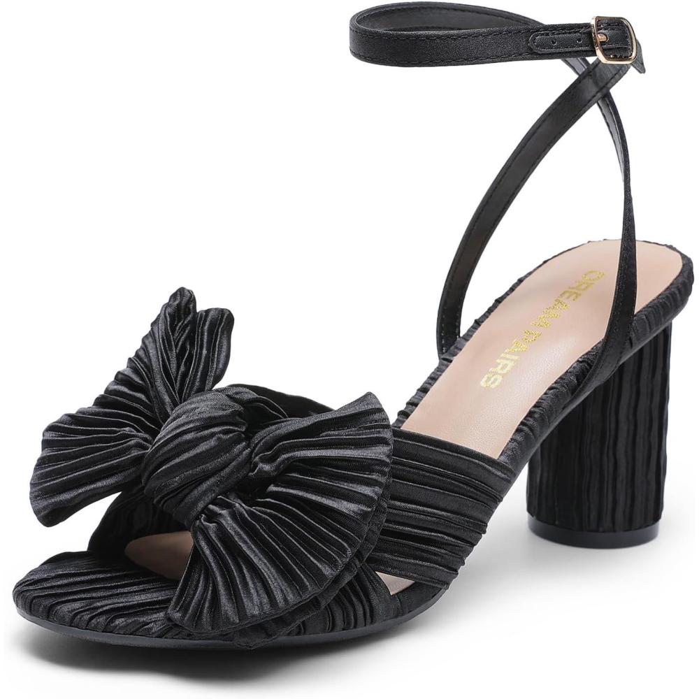 imageDREAM PAIRS Womens Bow Knot Heeled Sandals Low Chunky Heels Open Toe Ankle Strap Slingback Dress Shoes for Wedding Bridal PartyBlack