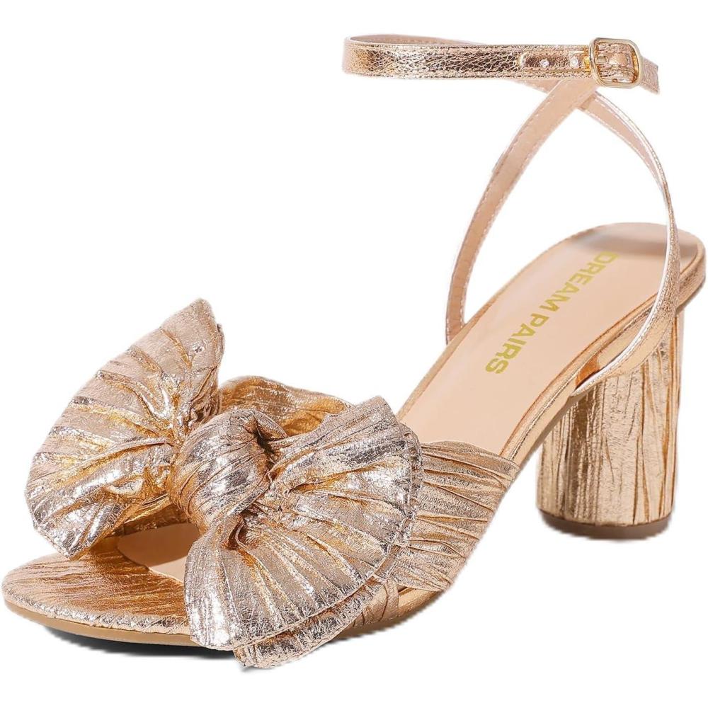 imageDREAM PAIRS Womens Bow Knot Heeled Sandals Low Chunky Heels Open Toe Ankle Strap Slingback Dress Shoes for Wedding Bridal PartyChampagne
