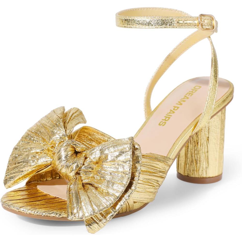 imageDREAM PAIRS Womens Bow Knot Heeled Sandals Low Chunky Heels Open Toe Ankle Strap Slingback Dress Shoes for Wedding Bridal PartyGold