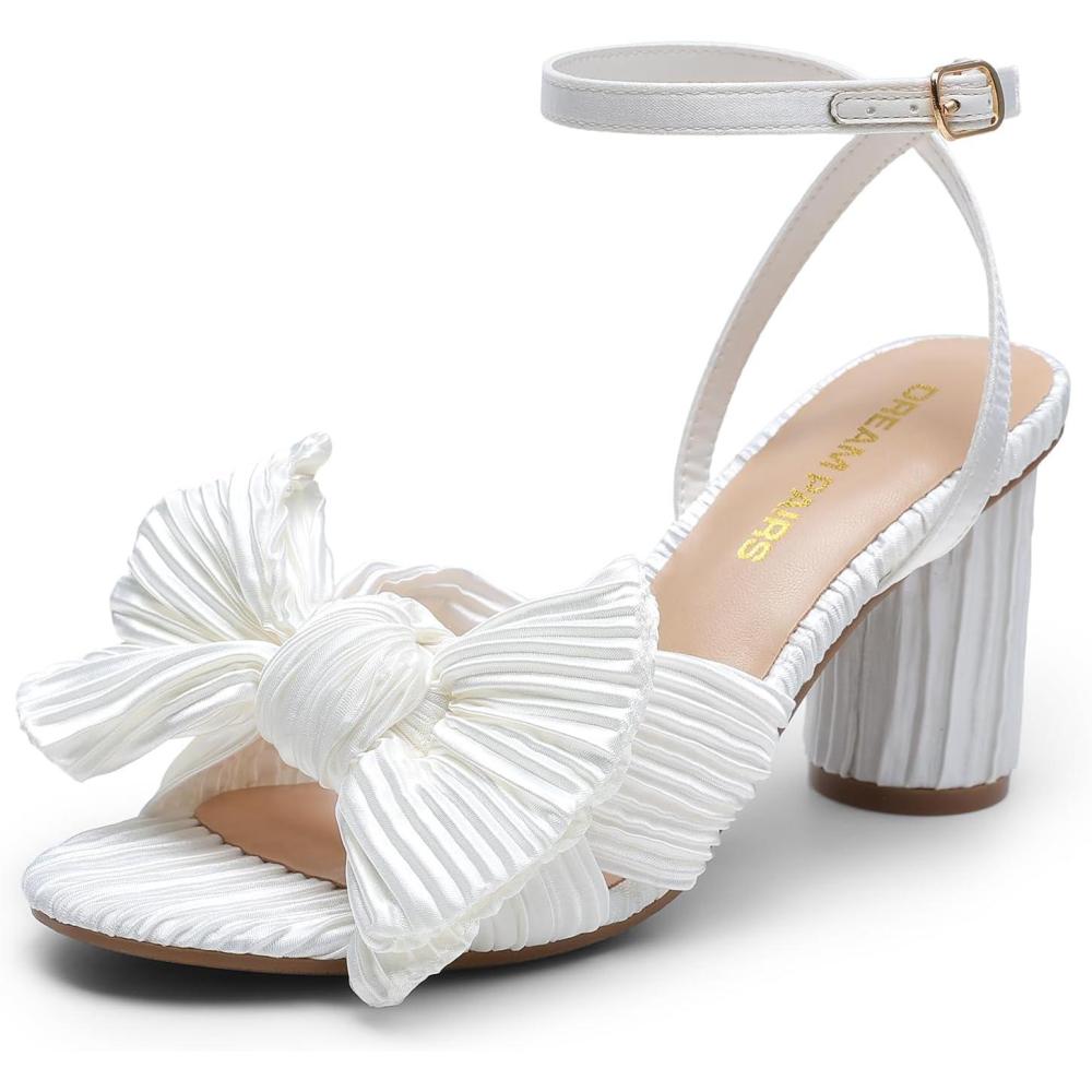 imageDREAM PAIRS Womens Bow Knot Heeled Sandals Low Chunky Heels Open Toe Ankle Strap Slingback Dress Shoes for Wedding Bridal PartyWhite