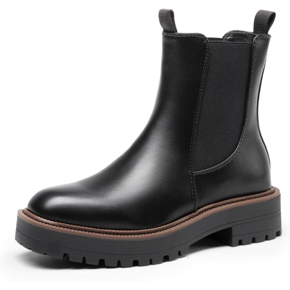imageDREAM PAIRS Womens Chelsea Ankle Boots Square Toe Fashion Low Heel Lug Sole Platform Fall Booties ShoesBlackpu