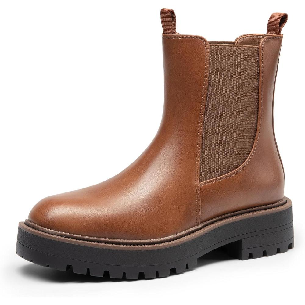 imageDREAM PAIRS Womens Chelsea Ankle Boots Square Toe Fashion Low Heel Lug Sole Platform Fall Booties ShoesBrownpu