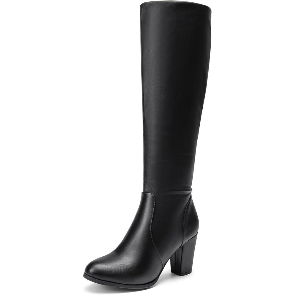 imageDREAM PAIRS Womens Chunky Heel Knee High BootsBlackPu