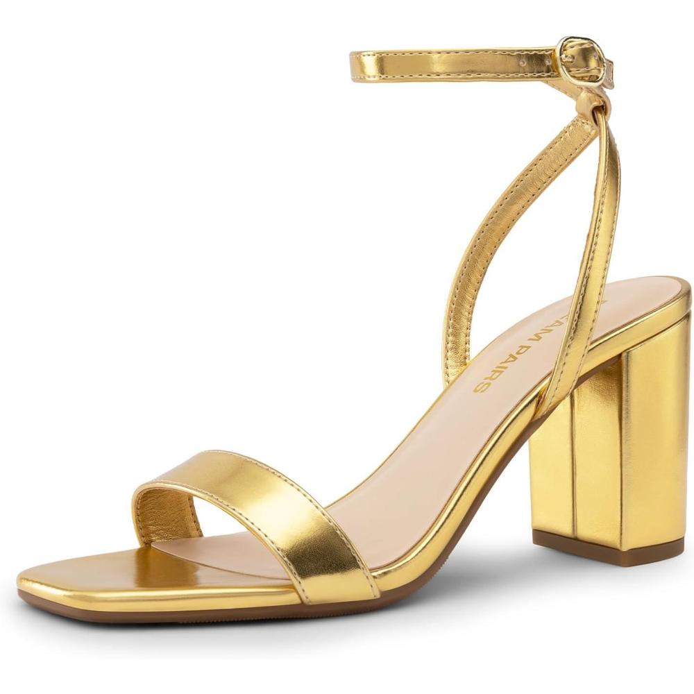 imageDREAM PAIRS Womens Chunky Heels Square Open Toe Ankle Buckle Strappy Block Heeled Sandals for Party Wedding DailyGoldmetallic