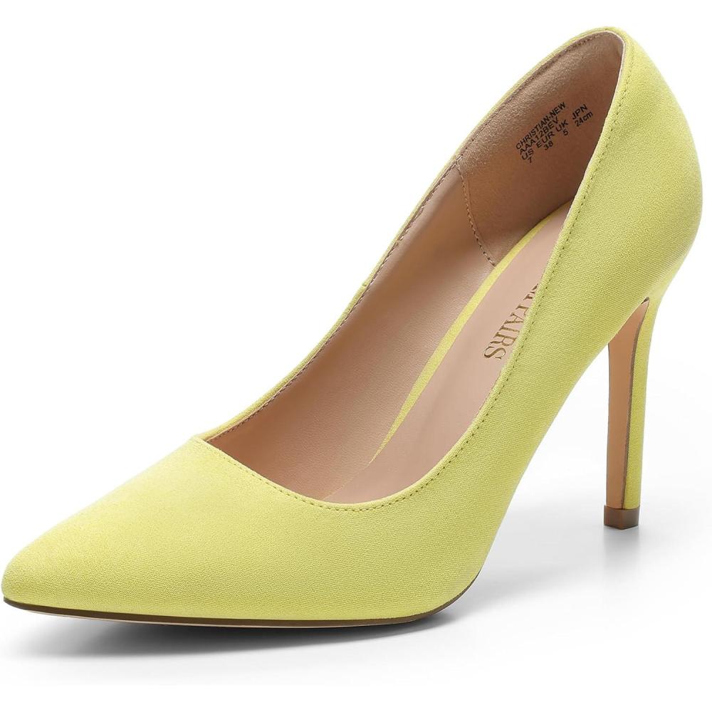 imageDREAM PAIRS Womens Closed Toe High Heels Dress Pointed Toe Wedding Pump ShoesYellowSuede