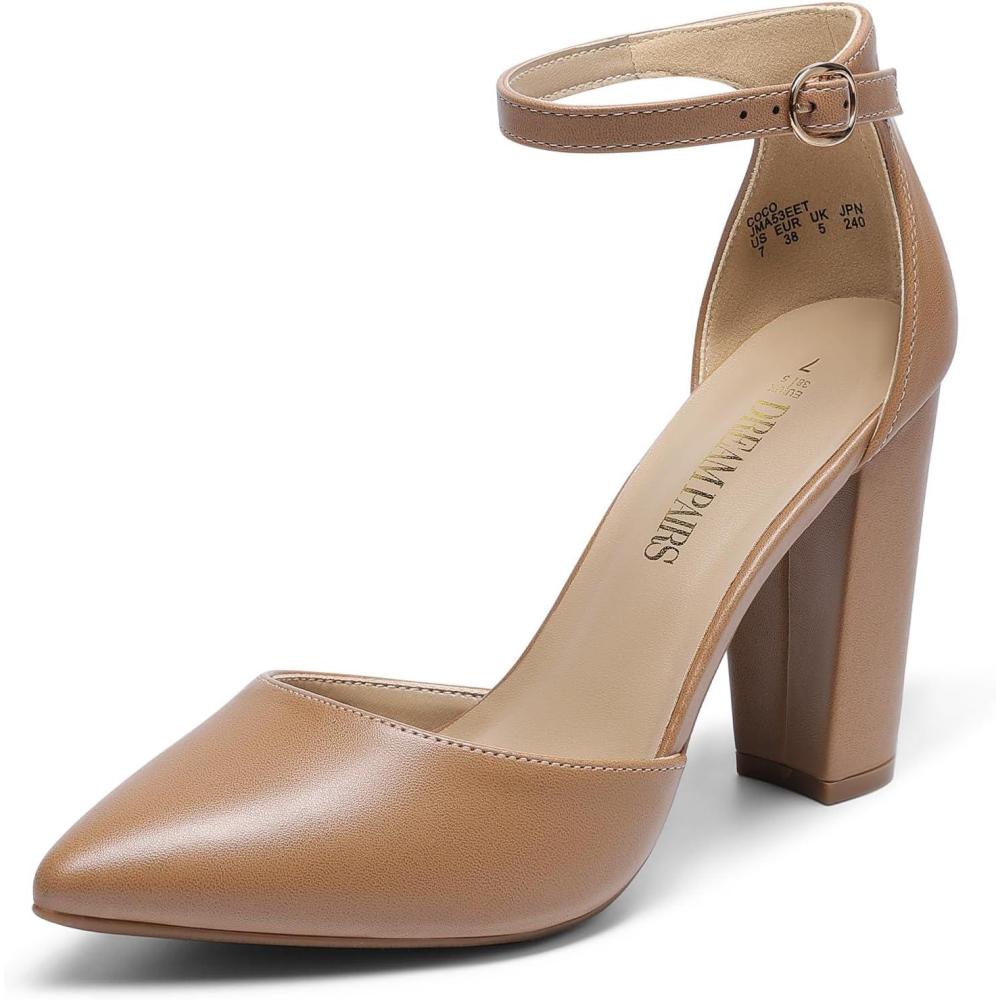 imageDREAM PAIRS Womens Coco High Heels Chunky Block Pumps Pointed Closed Toe Ankle Strap Dress ShoesNudePu