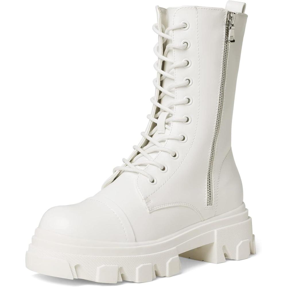 imageDREAM PAIRS Womens Combat Boots Lace up Mid Calf Boots Low Heel Chunky Platform Lug Sole Riding BootsWhite