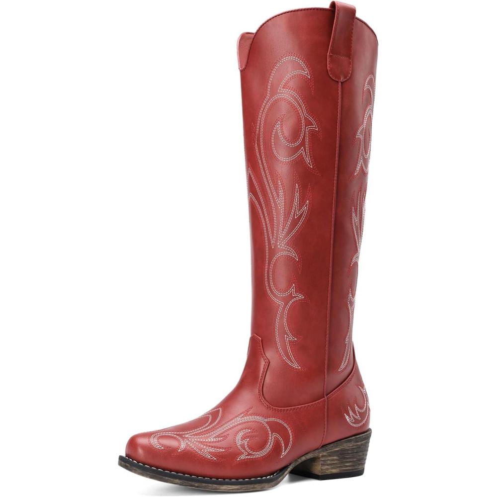 imageDREAM PAIRS Womens Cowboy Boots Comfortable Cowgirl Knee High Boots Pull On Side Zipper Chunky Heel Embroidered Western BootsRed