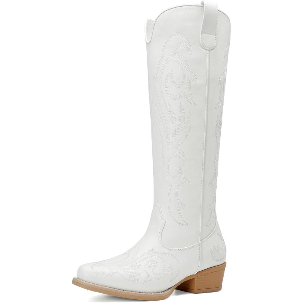 imageDREAM PAIRS Womens Cowboy Boots Comfortable Cowgirl Knee High Boots Pull On Side Zipper Chunky Heel Embroidered Western BootsWhite