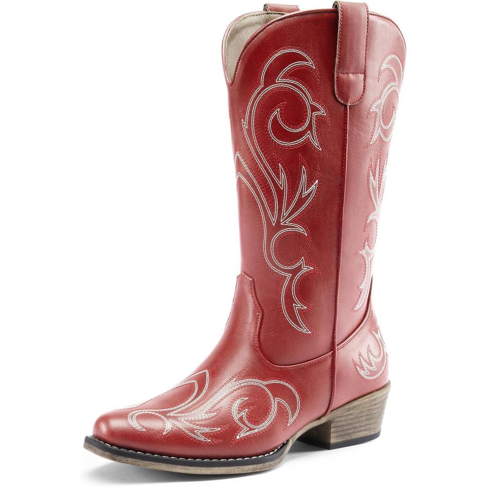 imageDREAM PAIRS Womens Cowboy Boots Mid Calf Cowgirl Boots Square Toe Chunky Heel Embroidery Stitched Western BootsRed