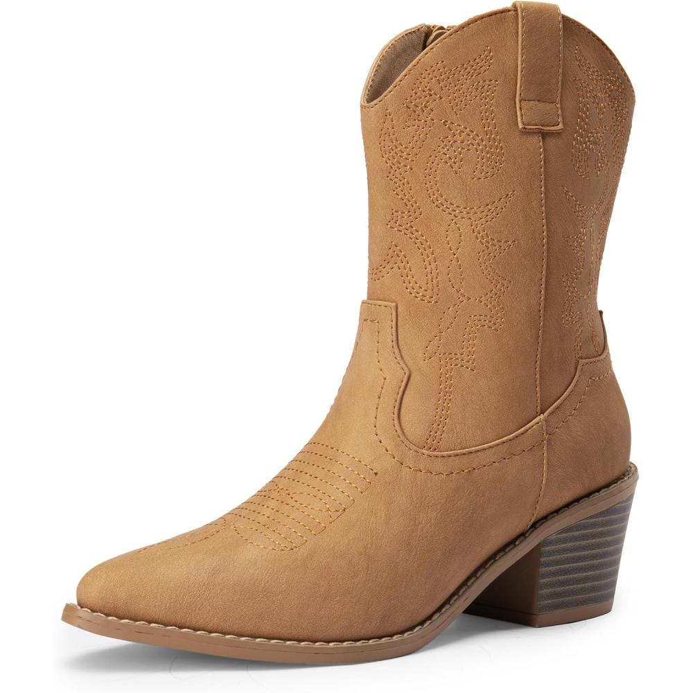 imageDREAM PAIRS Womens Cowboy Boots Pointed Toe Chunky Heel Zipper PullOn Stitched Western Ankle BootsKhakipu