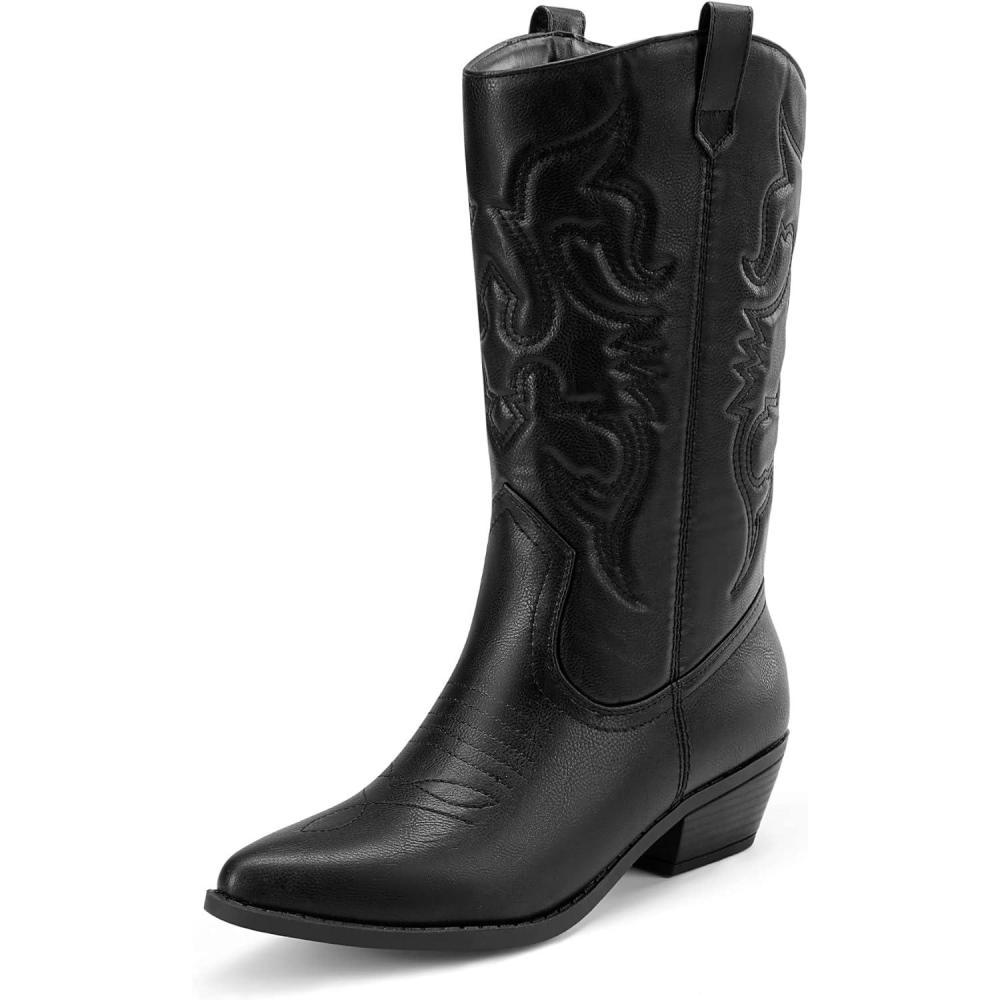 imageDREAM PAIRS Womens Cowboy Boots Pull On Cowgirl Boots Mid Calf Western Boots Available in Regular and Wide CalfBlack