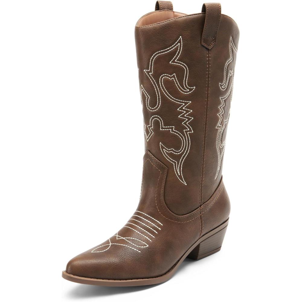 imageDREAM PAIRS Womens Cowboy Boots Pull On Cowgirl Boots Mid Calf Western Boots Available in Regular and Wide CalfBrownpu
