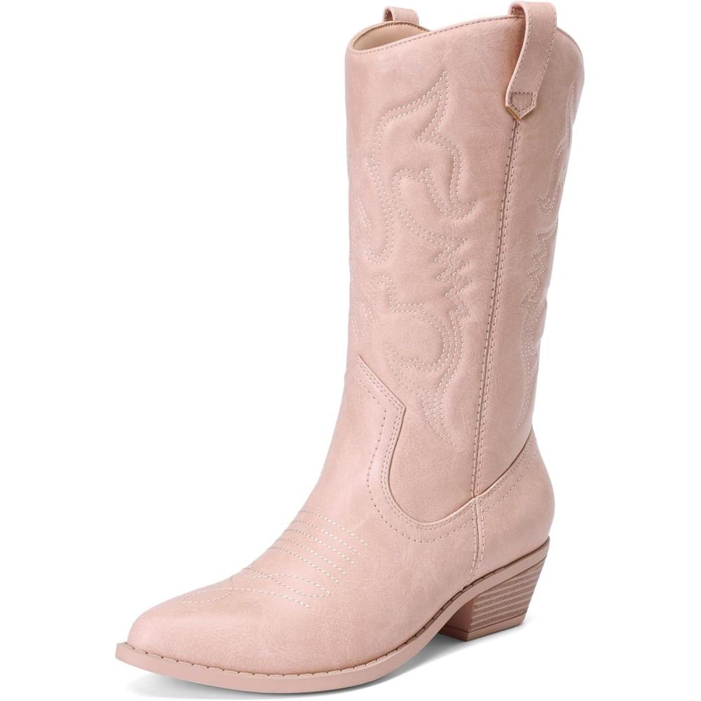 imageDREAM PAIRS Womens Cowboy Boots Pull On Cowgirl Boots Mid Calf Western Boots Available in Regular and Wide CalfPink