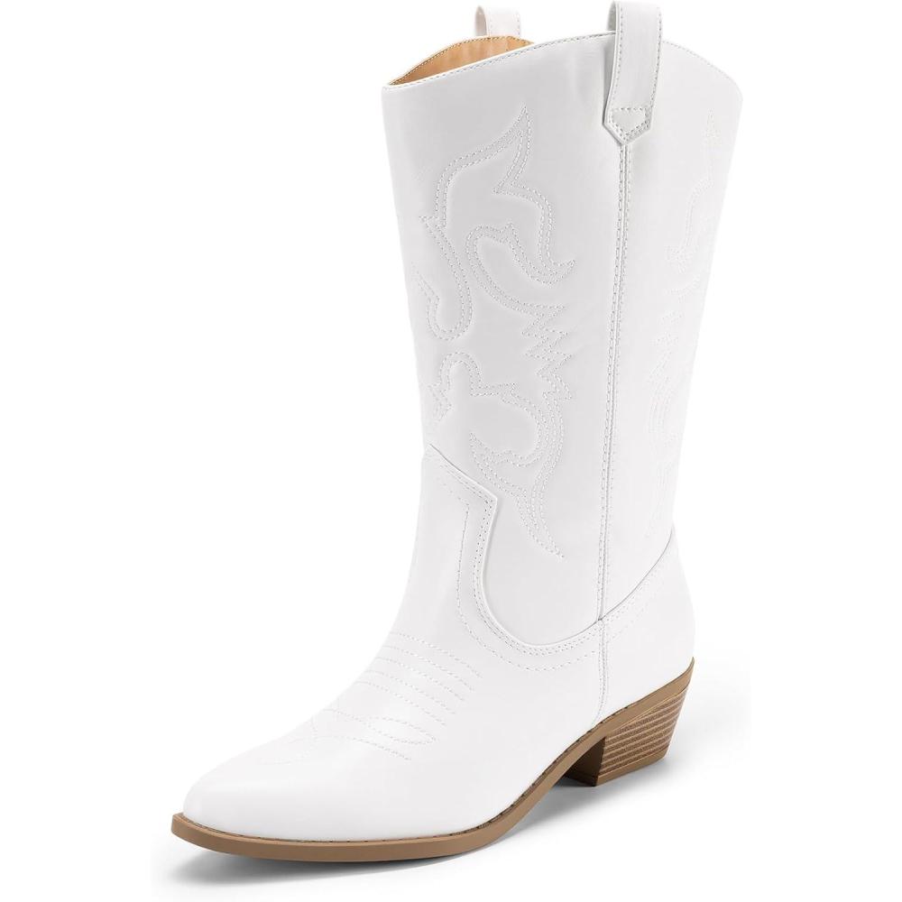 imageDREAM PAIRS Womens Cowboy Boots Pull On Cowgirl Boots Mid Calf Western Boots Available in Regular and Wide CalfWhite
