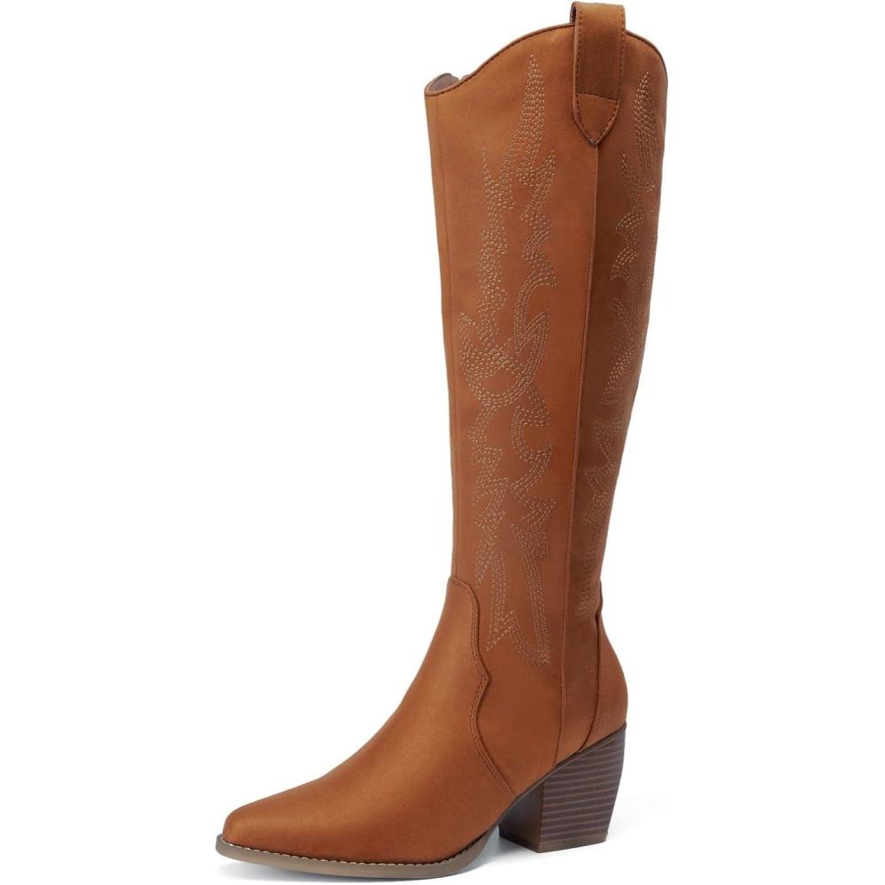 imageDREAM PAIRS Womens Cowboy Boots Wide Calf Comfortable Pull On Zipper Chunky Heel Pointed Toe Embroidered Western Cowgirl Knee High Boots Ladies Retro Tall BootBrown