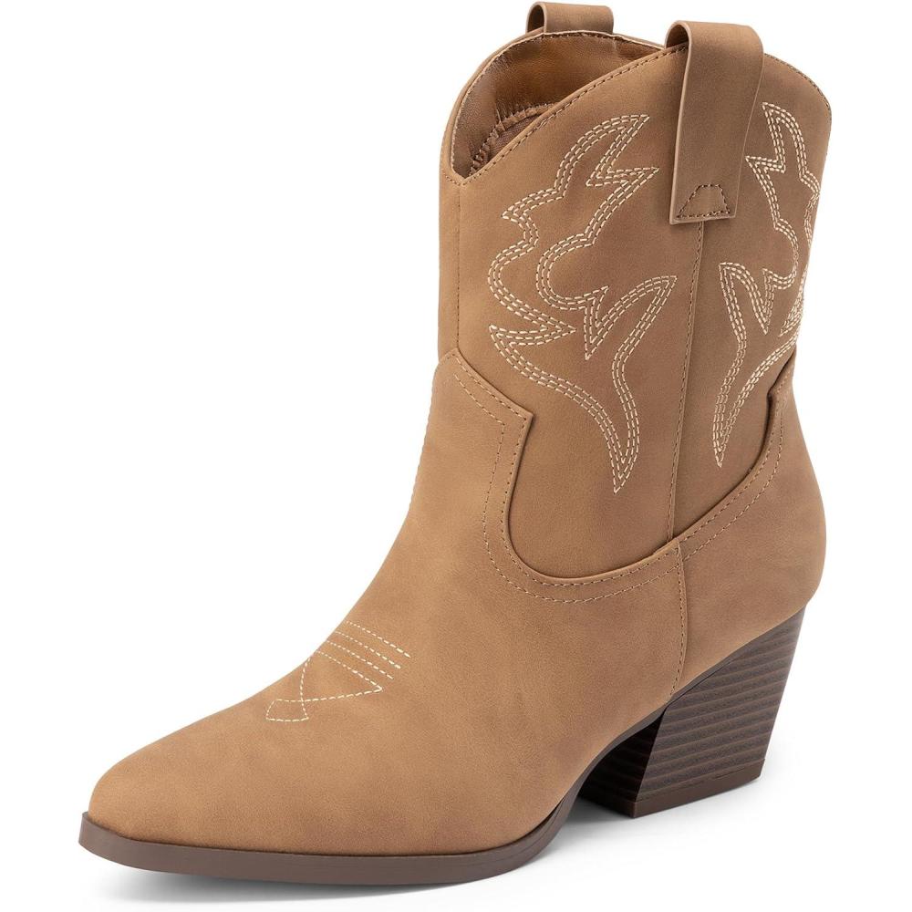 imageDREAM PAIRS Womens Cowboy Cowgirl Boots Embroidered Stitched Short Western Boots Low Chunky Heel Pointed Toe Ankle BootiesTan