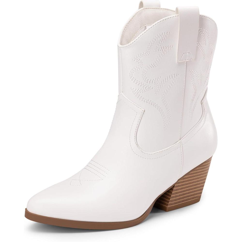 imageDREAM PAIRS Womens Cowboy Cowgirl Boots Embroidered Stitched Short Western Boots Low Chunky Heel Pointed Toe Ankle BootiesWhite