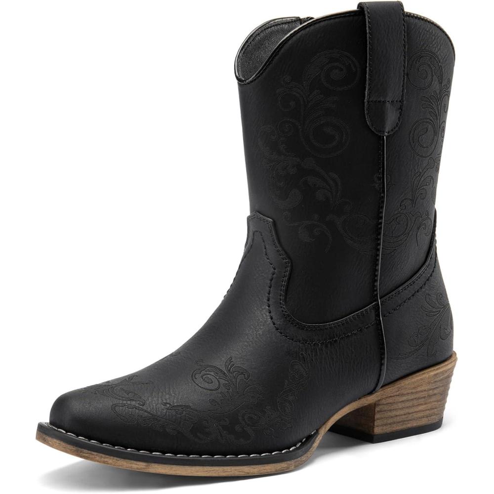 imageDREAM PAIRS Womens Cowboy Cowgirl Western Ankle Boots Low Chunky Heels Square Toe Fall Short Booties ShoesBlack