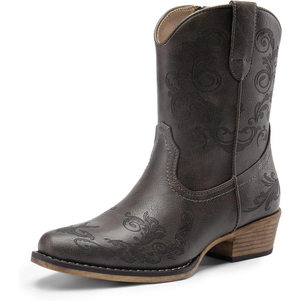 imageDREAM PAIRS Womens Cowboy Cowgirl Western Ankle Boots Low Chunky Heels Square Toe Fall Short Booties ShoesGrey