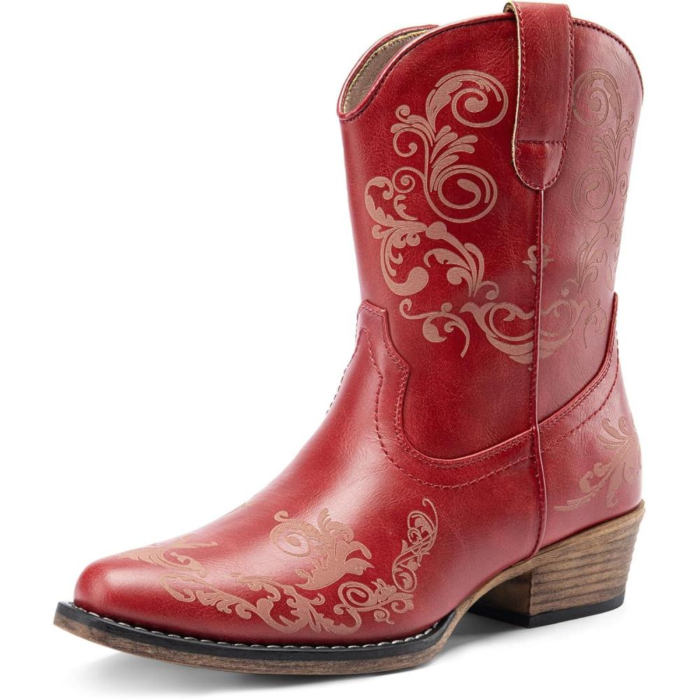 imageDREAM PAIRS Womens Cowboy Cowgirl Western Ankle Boots Low Chunky Heels Square Toe Fall Short Booties ShoesRed