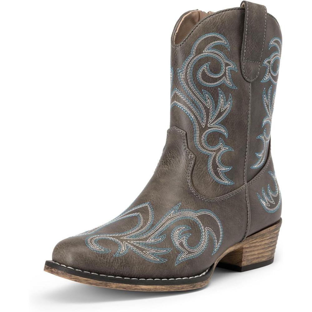 imageDREAM PAIRS Womens Cowboy Cowgirl Western Boots Embroidered Stitched Ankle Boots Square Toe Chunky Heel Fashion Short Booties with ZipperBrown