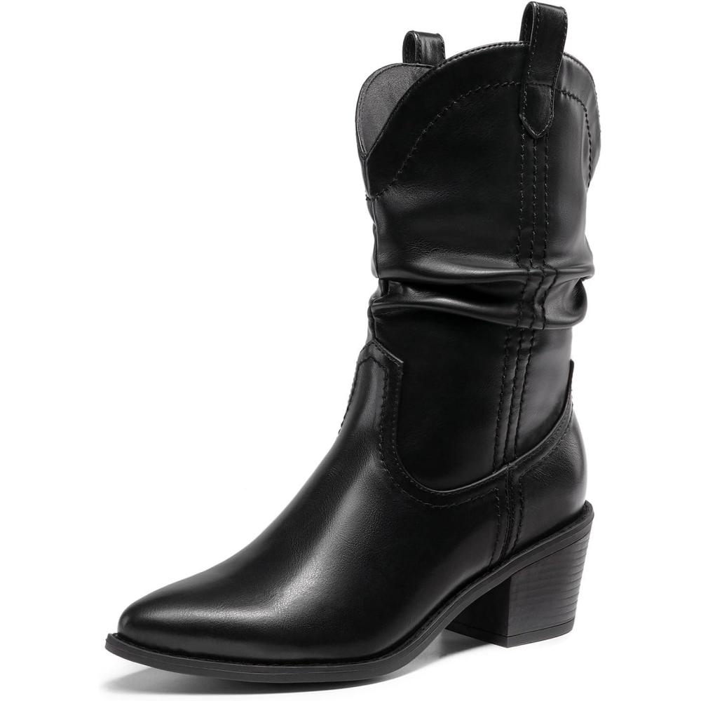 imageDREAM PAIRS Womens Cowgirl Boots Mid Calf Western Cowboy Chunky Heel Boots Slouchy ampamp Pullon Ankle Booties for womenBlack