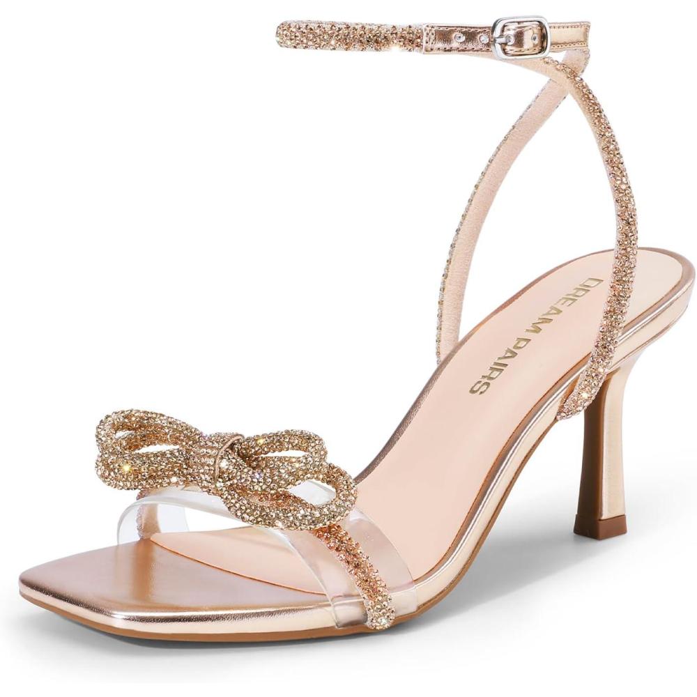 imageDREAM PAIRS Womens Double Bowknots Heels Open Square Toe Ankle Strap Crystal Rhinestone Dress Sandals for Party WeddingChampagnepu