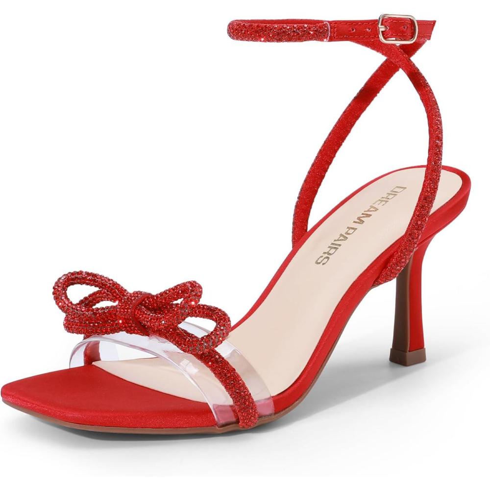 imageDREAM PAIRS Womens Double Bowknots Heels Open Square Toe Ankle Strap Crystal Rhinestone Dress Sandals for Party WeddingRedsatin