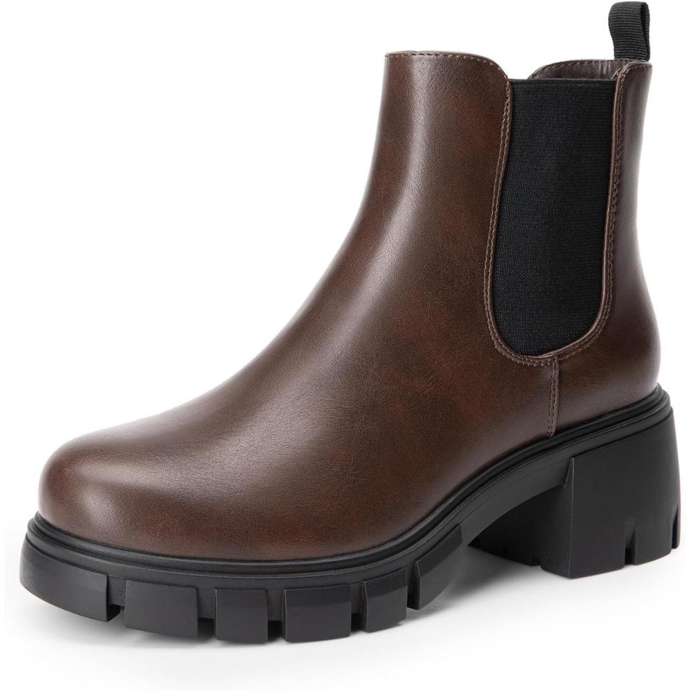 imageDREAM PAIRS Womens Elastic Chelsea Ankle Boots Platform Low Chunky Block Heel Lug Sole Slip on Fall Heeled Booties ShoesBrown