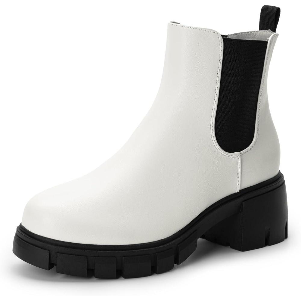 imageDREAM PAIRS Womens Elastic Chelsea Ankle Boots Platform Low Chunky Block Heel Lug Sole Slip on Fall Heeled Booties ShoesWhite