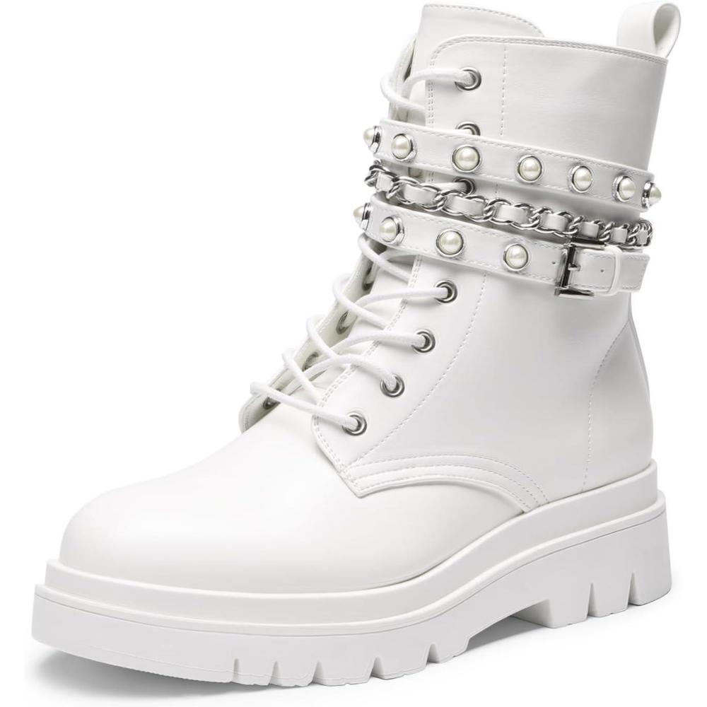 imageDREAM PAIRS Womens Fashion Platform Combat Boots Lace Up Lug Sole Goth Ankle Booties ShoesWhite