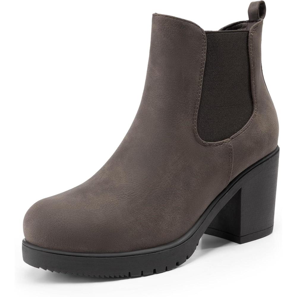 imageDREAM PAIRS Womens High Chunky Heel Chelsea Ankle Boots Slip On Elastic Fall Heeled Booties ShoesBrownPu