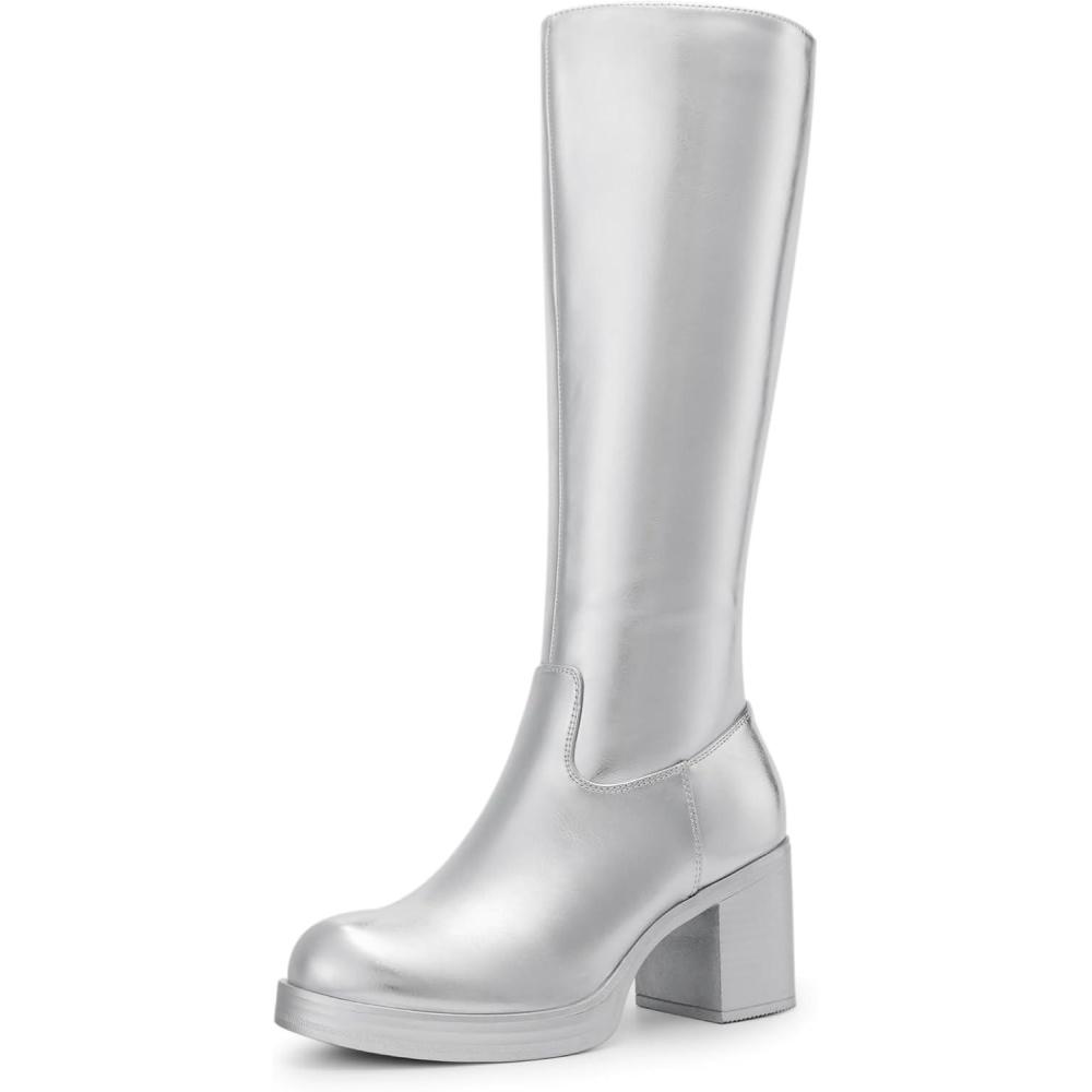 imageDREAM PAIRS Womens Knee High Boots Chunky Platform Heel Round Toe Boots for Women Side Zipper Stylish Comfortable Tall BootsSilver