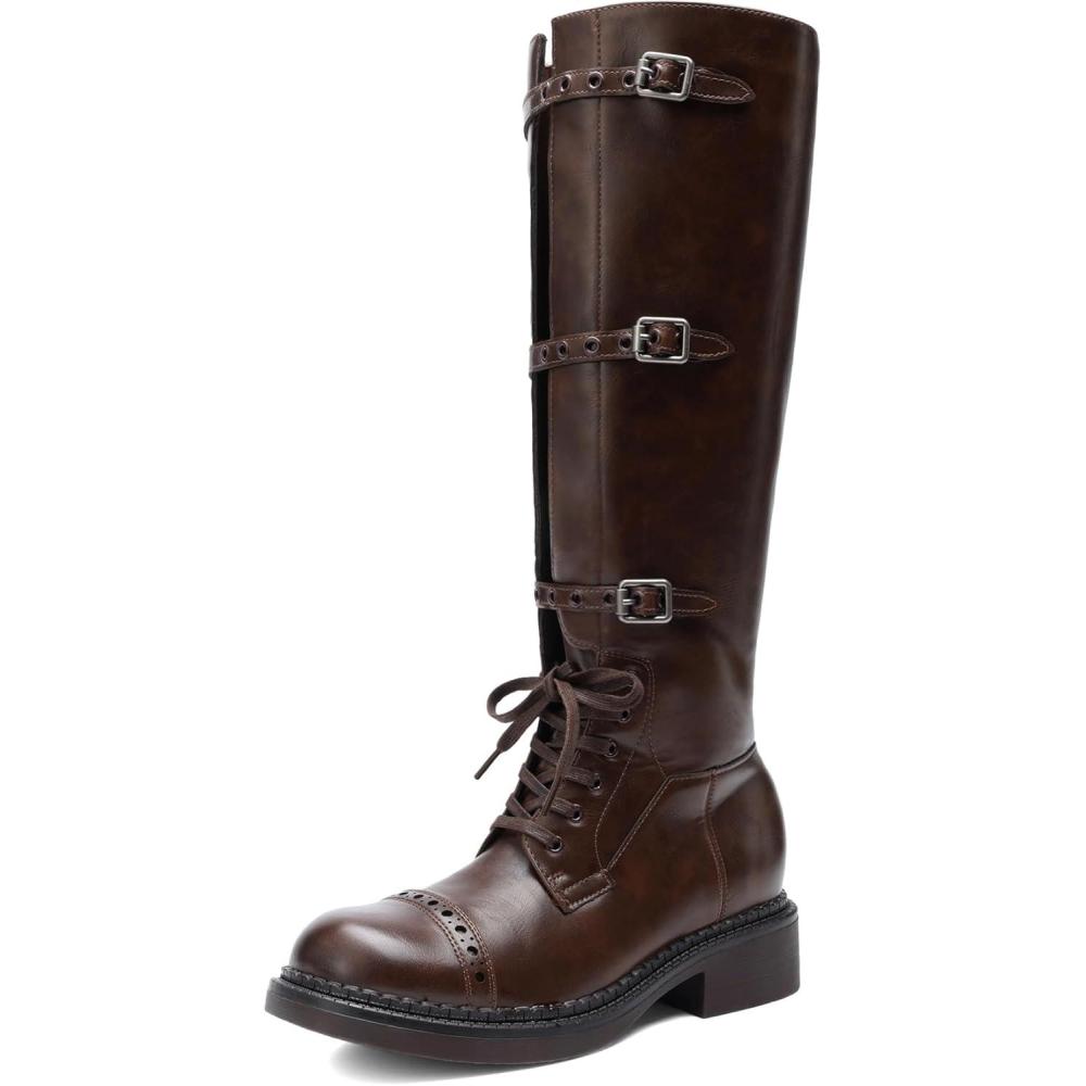 imageDREAM PAIRS Womens Knee High Boots Combat Boots Goth Boot Lace Up Adjustable Buckles Chunky Low Heel Fall Booties with Side Zipper to Put on and offDark Brown